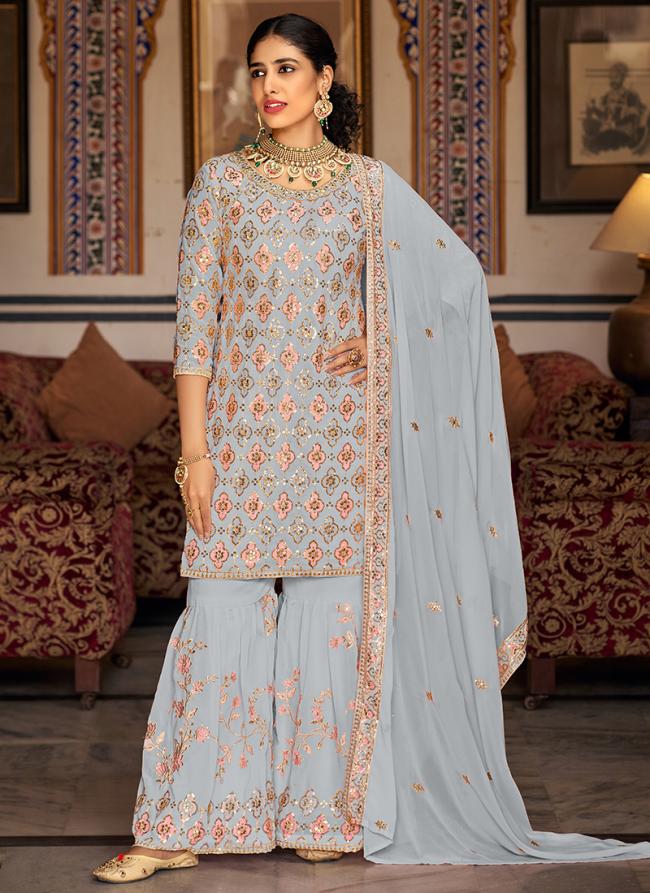 Faux Georgette Lilac Eid Wear Embroidery Work Sharara Suit
